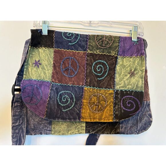 Boho Hippie Crossbody Shoulder Bag Patchwork Peace Sign Colorful - Picture 1 of 5